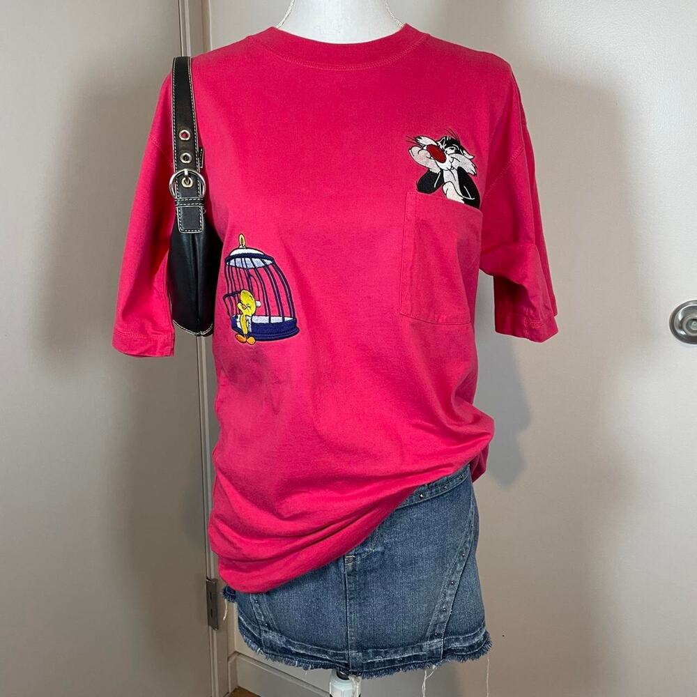 90s Looney Tunes Tweety Sylvester Pink Embroidered Small Cotton T-shirt